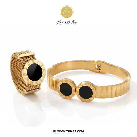 Bundle Offer: Black Dot Gold Roman Numeral Mesh Ring, Hoop Earring & Hand Cuff Bracelet