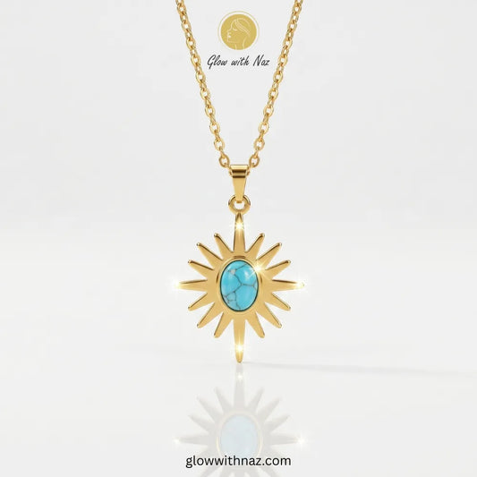 unburst Turquoise Necklace | Bohemian Gold Jewelry | Glow with Naz, necklace, pendant necklace, necklace set, locket set, simple necklace, pendant set, pendant, chain necklace, diamond pendant, diamond necklace, locket necklace, neck chain, girls locket, heart locket, pendant for girls, necklace for girls, heart necklace, locket for girls, diamond locket, pendant necklace for girls, heart chain locket, stainless steel necklace, double chain necklace, ruby necklace, neck chain for girls, locket design, penda