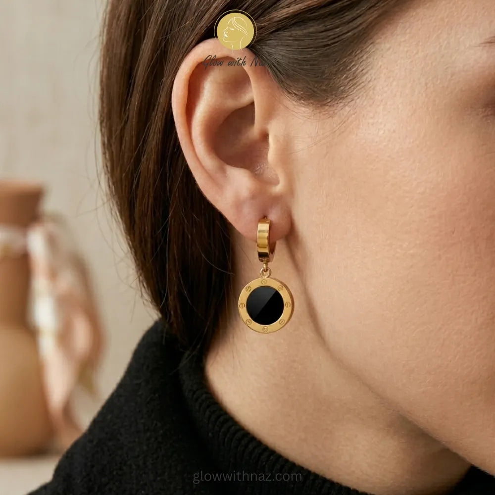 Black & Gold Roman Drop Hoop Earrings