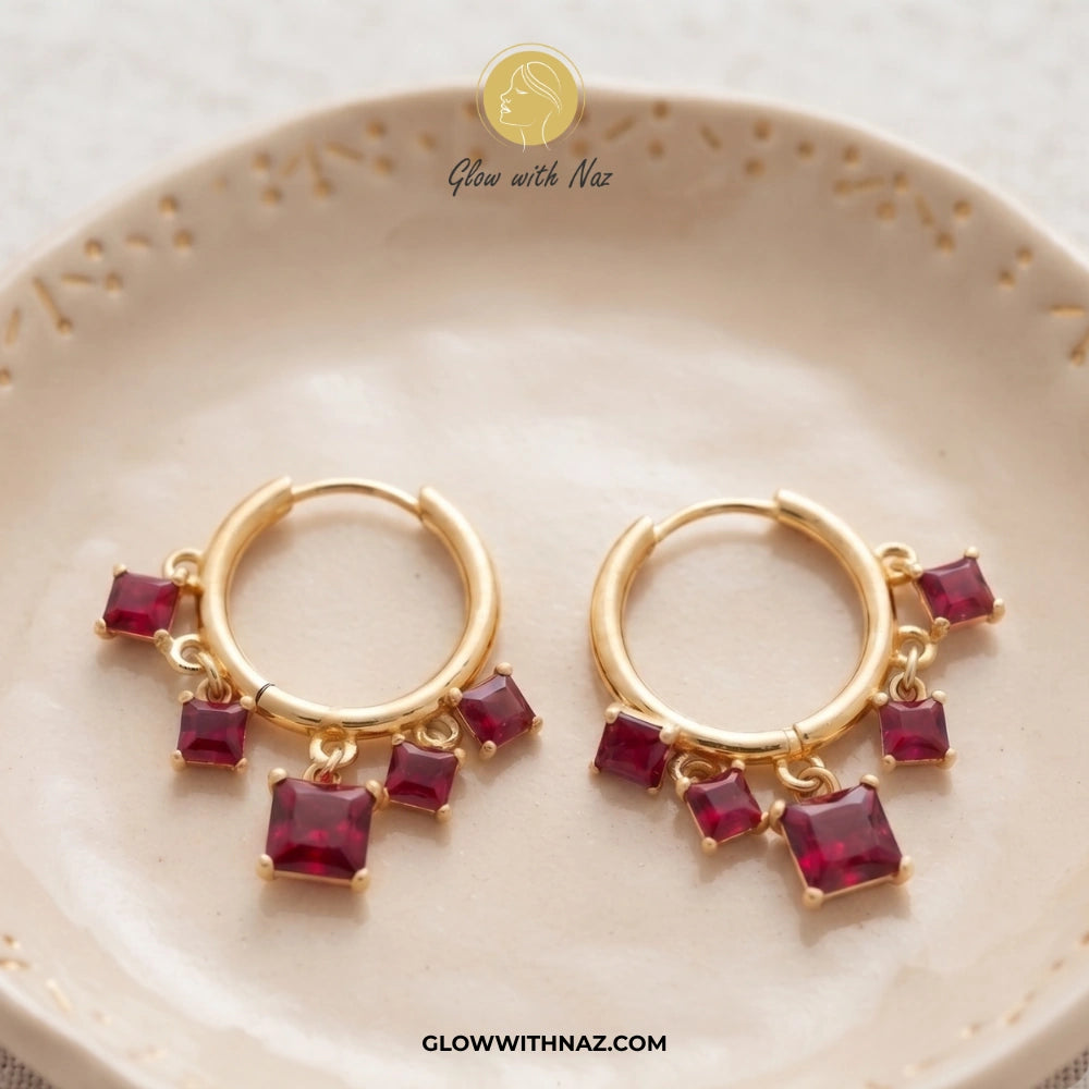 Minimal Stainless Steel Ruby Square Drop Hoops Earrings for Women