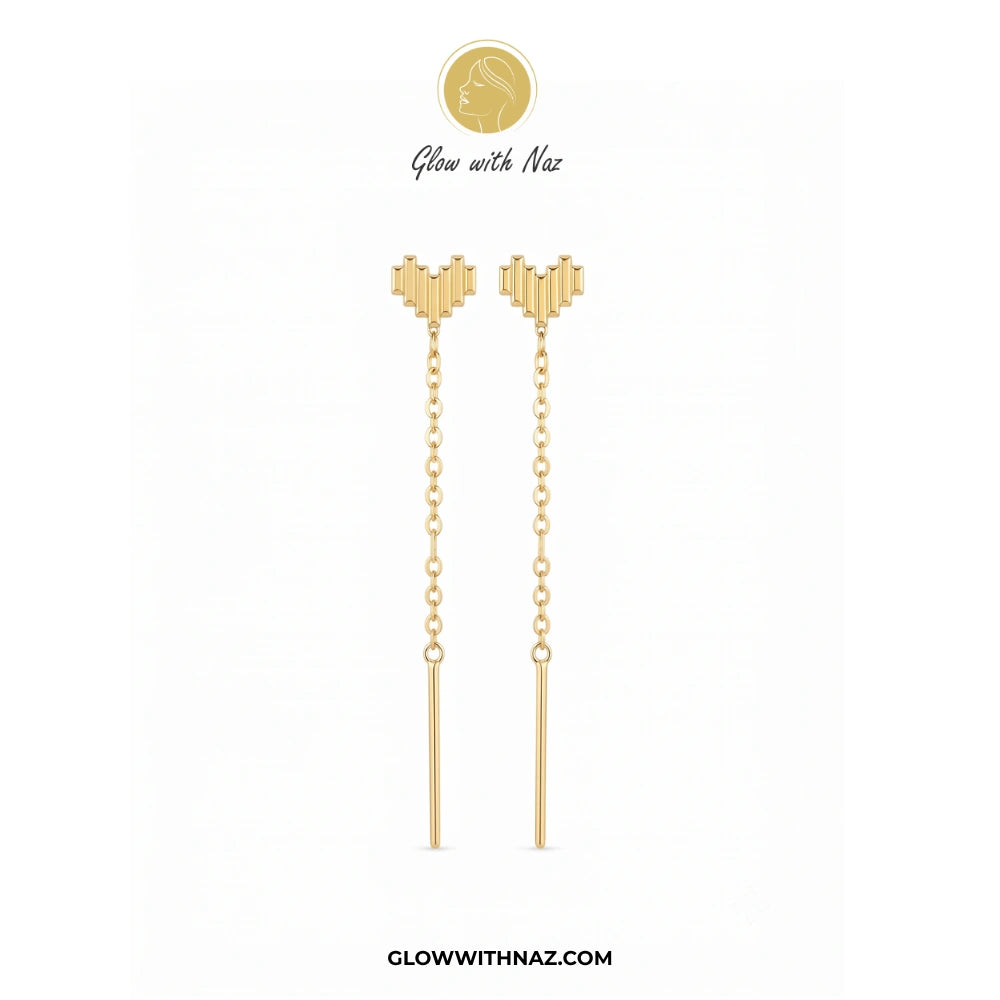 A pair of gold dangle earrings with geometric cluster studs, hanging chains, and slim drop ends, displayed on a white background with the brand name Glow with Naz. studs earrings, small earrings, girls earrings, simple earrings, earrings for girls, black earrings, earrings, ear rings, earrings tops, stud earrings, tops earrings, aesthetic earrings, hoop earrings, drop earrings, diamond earrings, pink earrings, green earrings, ear ring, earrings for women, flower earrings, golden earrings, bali earrings, ear