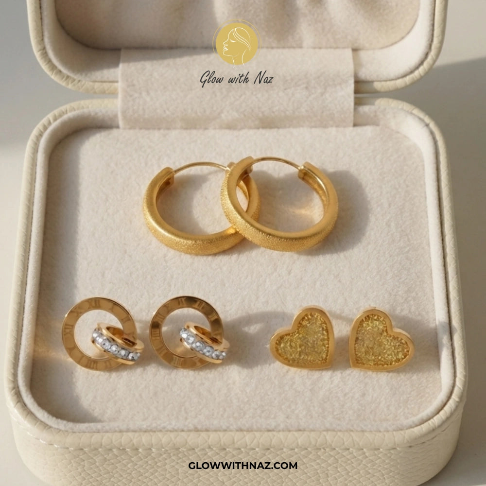 Gold-Tone Stud & Hoop Earring Trio Set – Minimalist Stainless Steel Jewelry