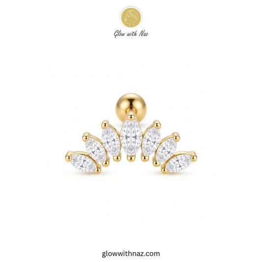 A gold-toned curved stud earring with marquise-cut clear stones, shown on a plain white background. A small 'Glow with Naz' logo appears above the product, and 'glowwithnaz. Glow With Naz Stainless Steel Sunshine Helix Jewelry featuring sparkling diamond details and a stunning radiant design.
