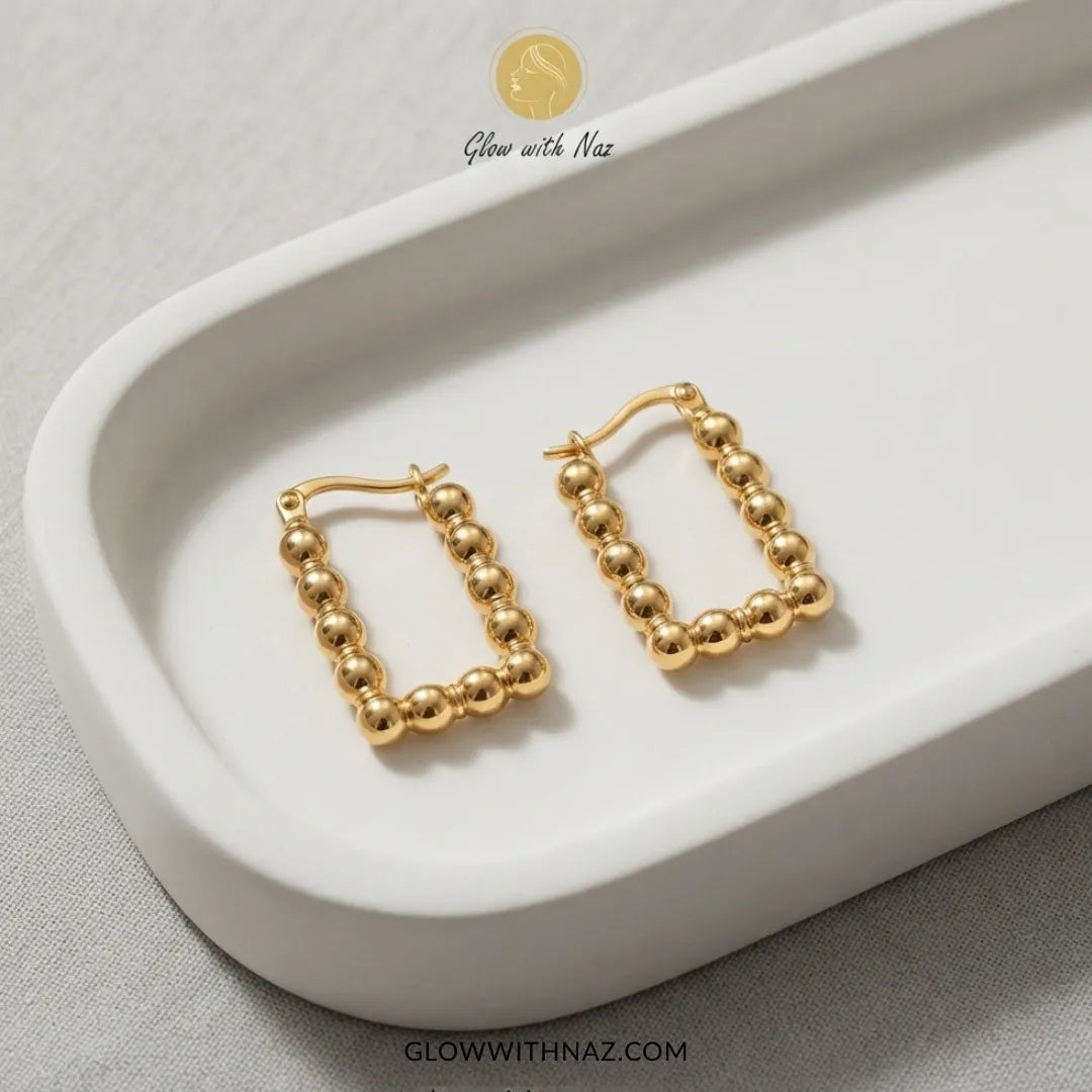 Gold plated stainless steel rectangular square beaded hoop earrings with latch back by Glow With Naz