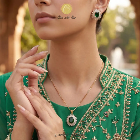 Elegant Green Stone Halo Stud Earrings with Baguette Crystals