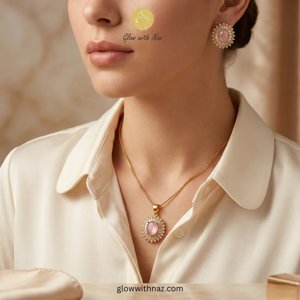 Elegant rose pink halo pendant necklace and earring set by Glow with Naz