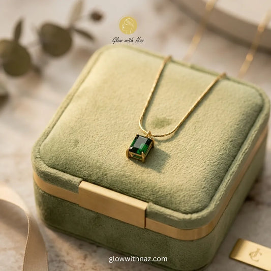 Gold emerald green rectangular pendant necklace on snake chain in sage green velvet jewelry box — anti-tarnish stainless steel necklace online in Pakistan by Glow with Naz