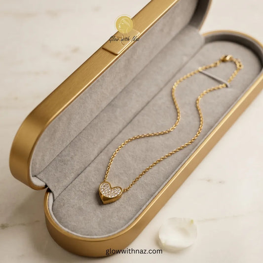 Gold pavé crystal heart pendant necklace online in Pakistan — anti-tarnish stainless steel by Glow with Naz, delivery across Karachi Lahore Islamabad