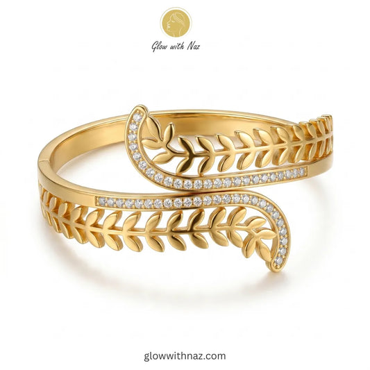 Golden Laurel Leaf Bypass Hand Cuff Bracelets