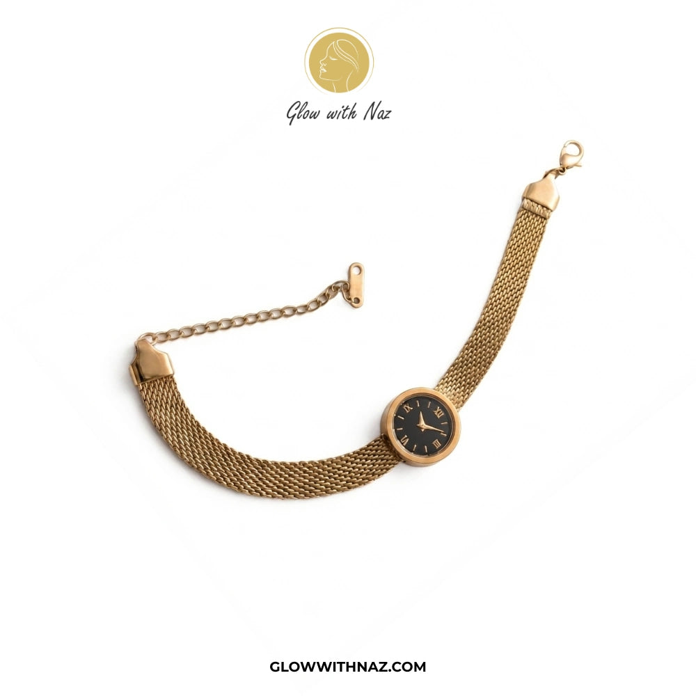 Stainless Steel Gold Watch-Style Mesh Bracelet