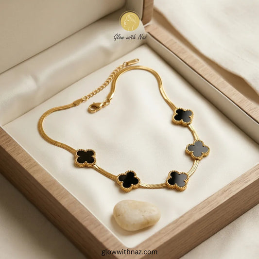 18K Gold Snake Chain Necklace Five-Motif Black Enamel