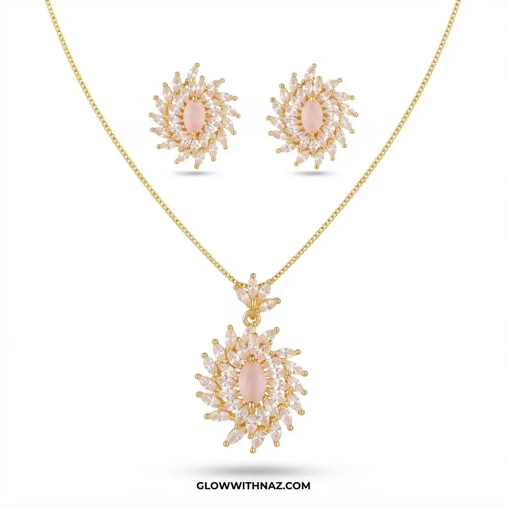 Pink Flare Zircon Earring and Pendant Set