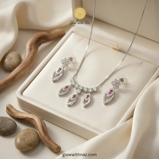 Royal Ruby & Silver Teardrop Zircon Necklace & Earrings Set necklace, pendant necklace, necklace set, locket set, simple necklace, pendant set, pendant, chain necklace, diamond pendant, diamond necklace, locket necklace, neck chain, girls locket, heart locket, pendant for girls, necklace for girls, heart necklace, locket for girls, diamond locket, pendant necklace for girls, heart chain locket, stainless steel necklace, double chain necklace, ruby necklace, neck chain for girls, locket design, pendant desig