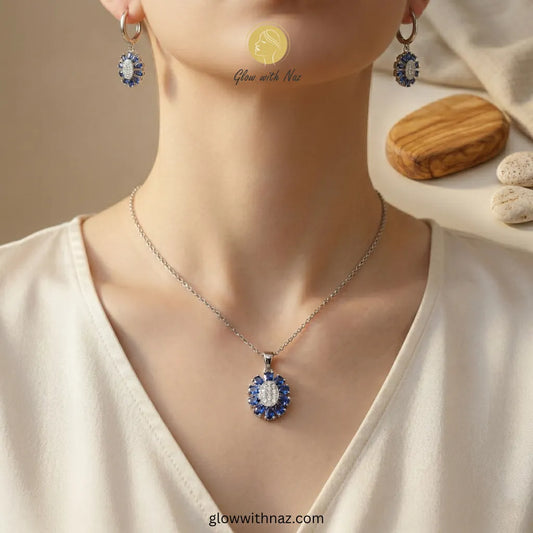 Silver Chain with Blue Zircon Pendant Necklace Set with Earrings Pink tulip Necklace with pink stones on a white plate, brand 'Glow with Naz' visible