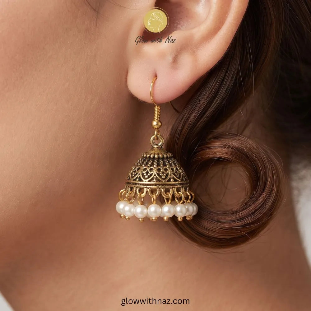small-antique-gold-white-pearl-jhumka-earrings