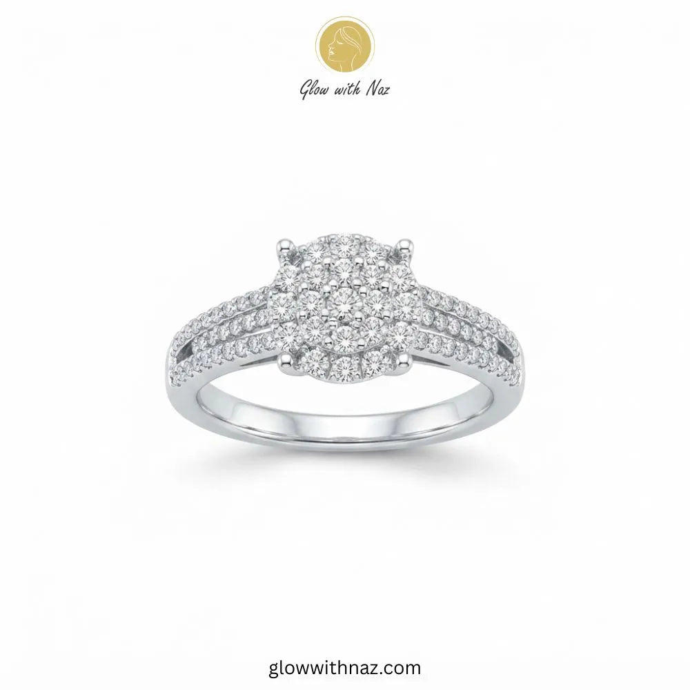 Sterling silver zircon round cushion cluster bar ring with triple row pavé band by Glow With Naz