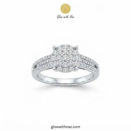 Sterling silver zircon round cushion cluster bar ring with triple row pavé band by Glow With Naz