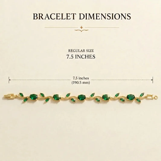 A gold bracelet with green gemstone accents displayed on a light beige background, with text above reading 'BRACELET DIMENSIONS' and 'REGULAR SIZE 7.5 INCHES' plus a dimension line showing 7. Tulip Rapunzel bracelet, floral tulip bracelet, Rapunzel inspired jewelry, aesthetic tulip bracelet, trendy charm bracelet, stainless steel tulip bracelet, gold plated flower bracelet, delicate floral wrist accessory, cute aesthetic jewelry, viral tulip bracelet, Rapunzel theme accessories, dainty floral bracelet, crys