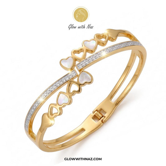 Bundle Offer: Anti-Tarnish Heart Bangle Bracelet & Stainless Steel White Ring - Bundle Offer: Anti-Tarnish Heart Bangle Bracelet & Stainless Steel White RingJewelryGlow With NazGlow With Naz6Gold bracelet with heart designs and gemstones on a white background