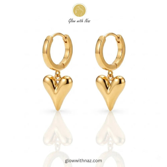 Bundle Offer: Anti-Tarnish Puffy Heart Pendant Necklace & Puffy Heart Hoop Earrings - Bundle Offer: Anti-Tarnish Puffy Heart Pendant Necklace & Puffy Heart Hoop EarringsJewelryGlow With NazGlow With NazClose-up view of polished gold-tone heart drop earrings on a white background