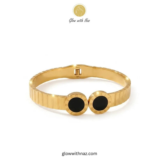 Bundle Offer: Black Dot Gold Roman Numeral Mesh Ring, Hoop Earring & Hand Cuff Bracelet - Bundle Offer: Black Dot Gold Roman Numeral Mesh Ring, Hoop Earring & Hand Cuff BraceletJewelryGlow With NazGlow With Naz6Elegant Roman numeral gold bangle with black accents by Glow with Naz