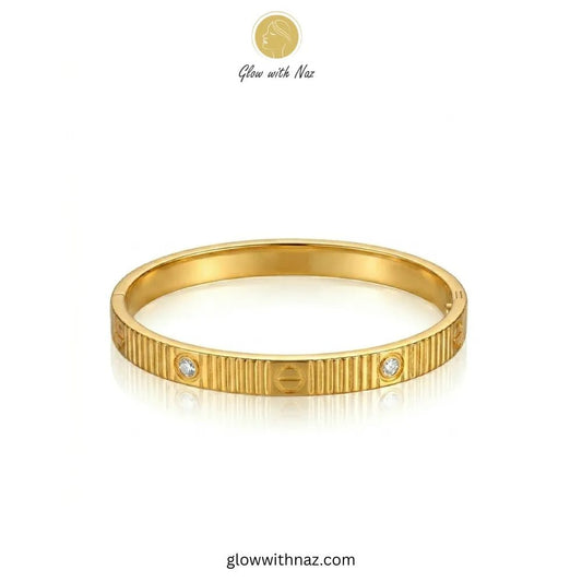 Bundle Offer: Textured Gold Hand Cuff Bracelet & Stainless Steel Hand Cuff Bracelet with Pave Accents - Bundle Offer: Textured Gold Hand Cuff Bracelet & Stainless Steel Hand Cuff Bracelet with Pave AccentsJewelryGlow With NazGlow With NazClose-up view of ribbed texture and stones on gold bangle