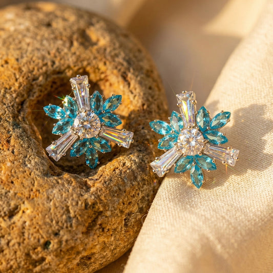 Celestial Aqua Starburst Studs with Baguette Crystal Accents - Celestial Aqua Starburst Studs with Baguette Crystal AccentsJewelryGlow with NazGlow With NazN-E003Celestial Aqua Starburst Studs with Baguette Crystal Accents