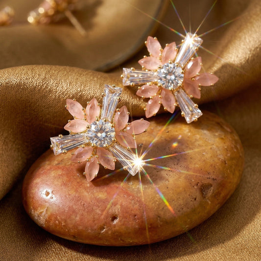 Celestial Peach Sunburst Studs with Baguette Crystal Accents - Celestial Peach Sunburst Studs with Baguette Crystal AccentsJewelryGlow with NazGlow With NazN-E001Celestial Peach Sunburst Studs with Baguette Crystal Accents