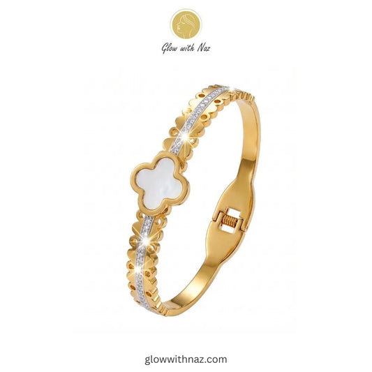 Elegant White Clover Motif Gold-Plated Stainless Steel Hand Cuff Bracelet - Elegant White Clover Motif Gold-Plated Stainless Steel Hand Cuff BraceletJewelryGlow With NazGlow With NazB0050B0050Elegant clover motif gold bangle with mother of pearl by Glow with Naz
