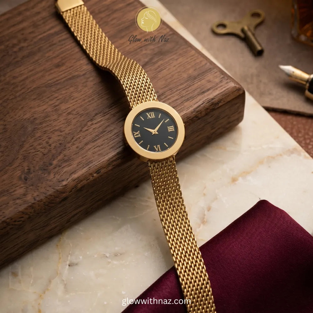 Gold Watch-Style Mesh Bracelet for Women