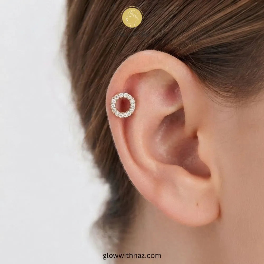 Gold open halo circle CZ piercing stud with screw ball back barbell by Glow With Naz