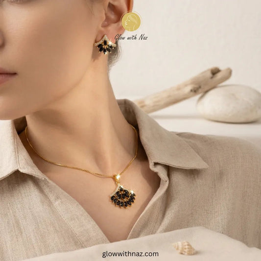 Gold Plated Black Zircon Stone Necklace Set - Gold Plated Black Zircon Stone Necklace SetJewelryGlow With NazGlow With NazN-N010N-N010Gold Plated Black Zircon Stone Necklace Set