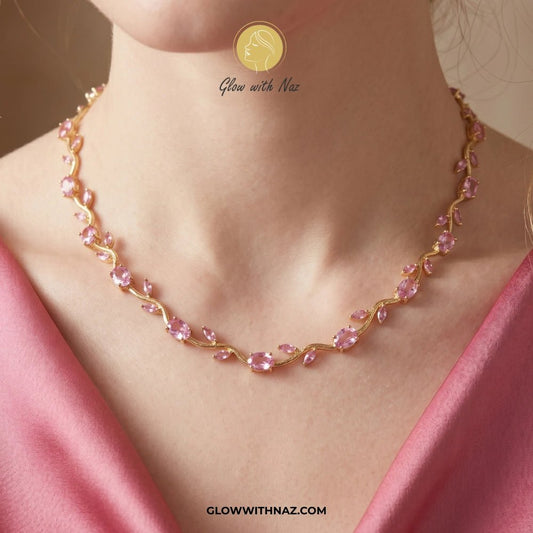 Gold Plated Stainless Steel Pink Tulip Necklace For Women - Gold Plated Stainless Steel Pink Tulip Necklace For WomenJewelryGlow With NazGlow With NazN0050N0050Pink tulip necklac beaded necklace on a person with 'Glow with Naz' branding.