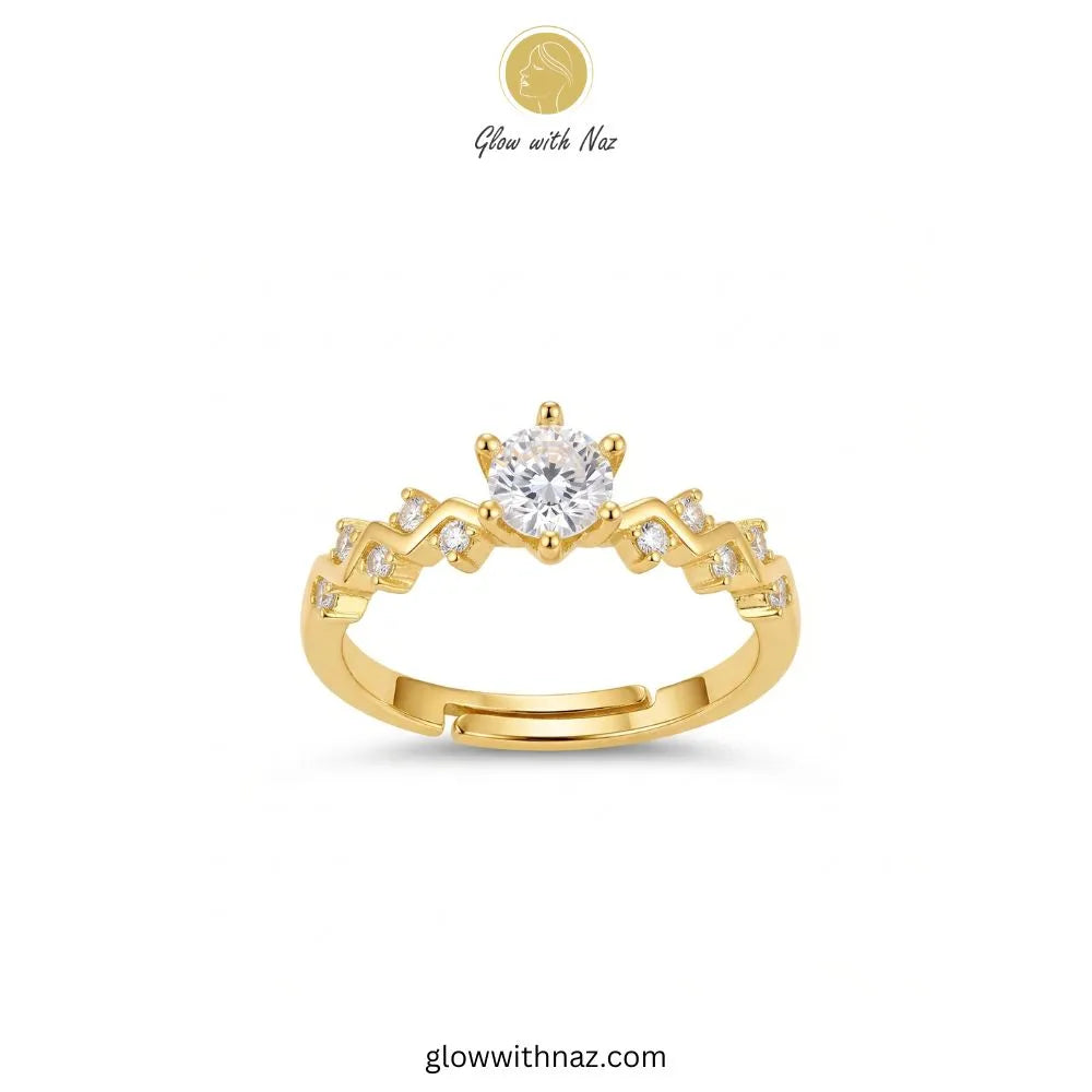 Gold zigzag white diamond ring with round center CZ solitaire and adjustable band by Glow With Naz