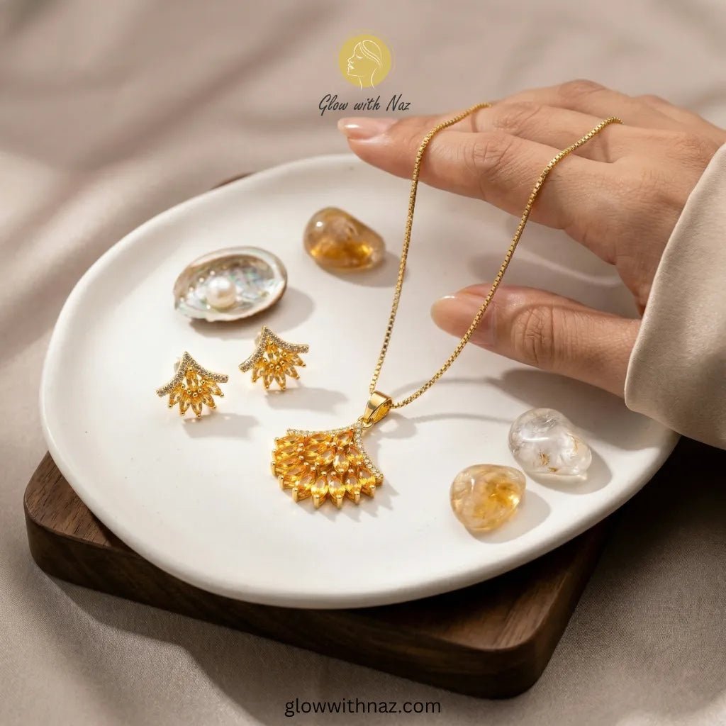 Golden Champagne Zircon Fan Shape Jewelry Set - Golden Champagne Zircon Fan Shape Jewelry SetJewelryGlow With NazGlow With NazN-N015N-N015Golden Champagne Zircon Fan Shape Jewelry Set