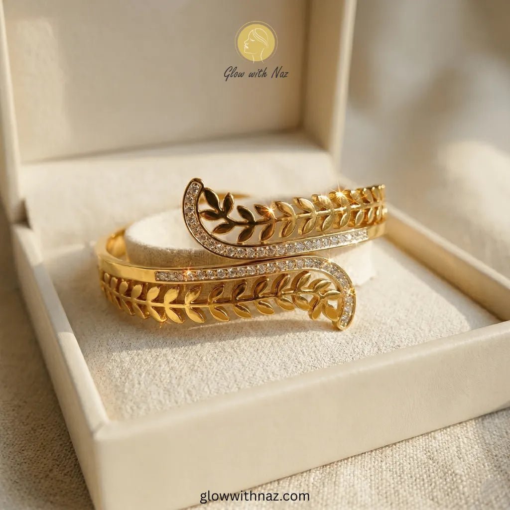 Golden Laurel Leaf Bypass Hand Cuff Bracelets - Golden Laurel Leaf Bypass Hand Cuff BraceletsJewelryGlow with NazGlow With NazN-B008N-B008Golden Laurel Leaf Bypass Hand Cuff Bracelets