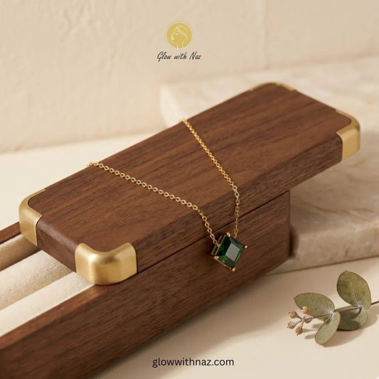 Green Square Zircon Gold Pendant Necklace - Green Square Zircon Gold Pendant NecklaceJewelryGlow With NazGlow With NazN-N034N-N034Emerald green square - cut zircon pendant on gold stainless steel chain displayed in dark green velvet - lined wooden jewelry box — anti - tarnish necklace by Glow with Naz