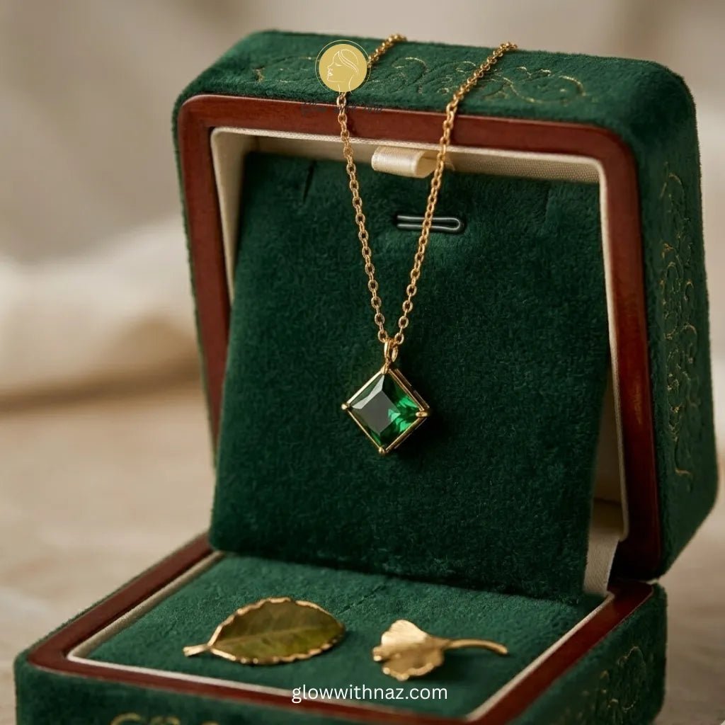 Green Square Zircon Gold Pendant Necklace - Green Square Zircon Gold Pendant NecklaceJewelryGlow With NazGlow With NazN-N034N-N034Emerald green square - cut zircon pendant on gold stainless steel chain displayed in dark green velvet - lined wooden jewelry box — anti - tarnish necklace by Glow with Naz