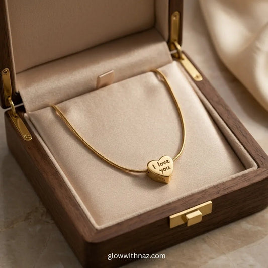 I Love You Gold Heart Pendant Necklace - I Love You Gold Heart Pendant NecklaceJewelryGlow With NazGlow With NazN-N033N-N033Gold - tone "I Love You" engraved heart pendant on snake chain necklace in premium wooden jewelry box — anti - tarnish stainless steel by Glow with Naz