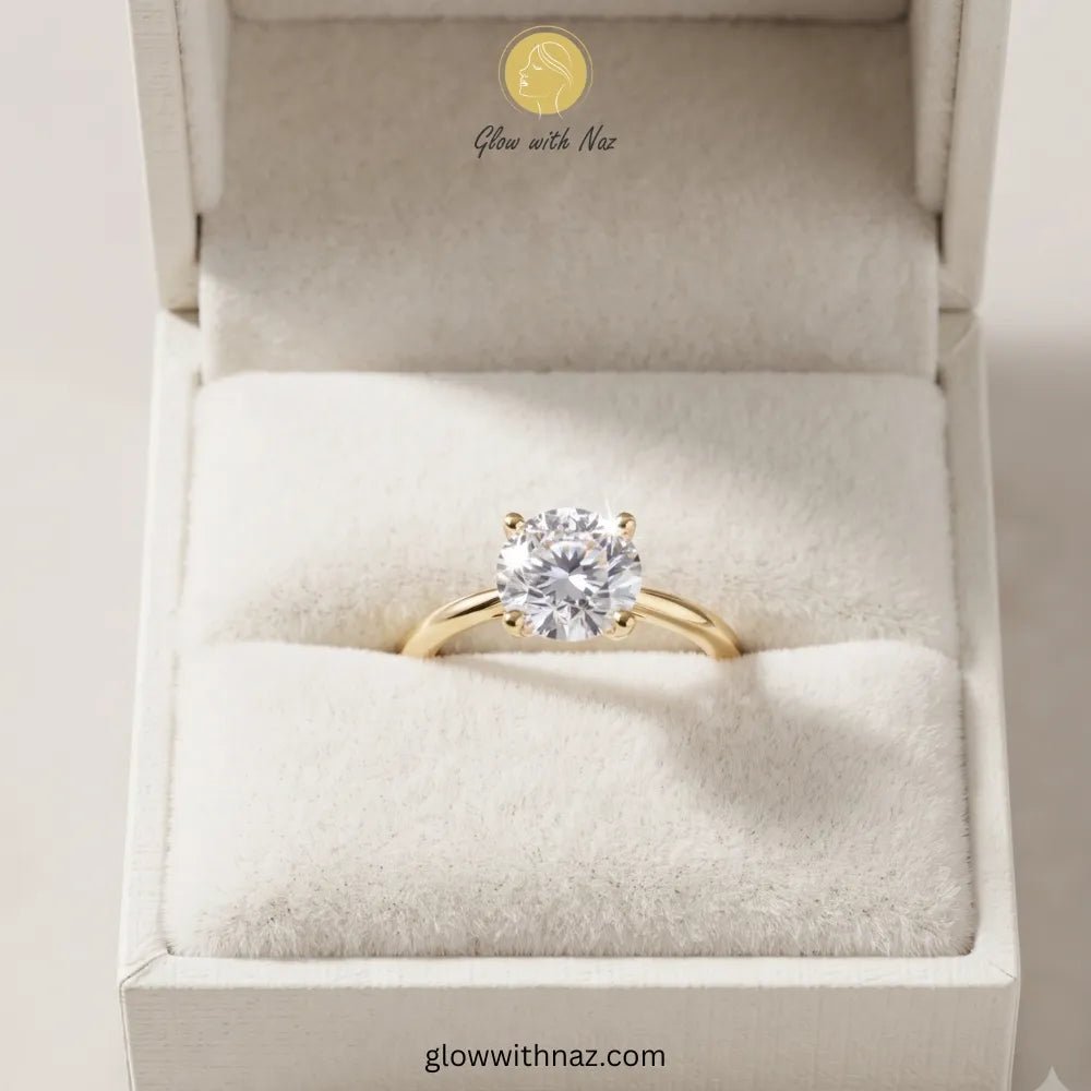 Minimal Golden Round Diamond Adjustable Statement Ring for Her - Minimal Golden Round Diamond Adjustable Statement Ring for HerJewelryGlow With NazGlow With NazR019A yellow gold solitaire engagement ring with a round-cut clear gemstone, presented in a white jewelry box with a soft cream insert. The brand name 'Glow with Naz' is visible on the inside lid and as a watermark at the bottom. ring, girls rings, rings for girls, rings simple, simple rings, stainless steel jewelry, jewellery set, aesthe