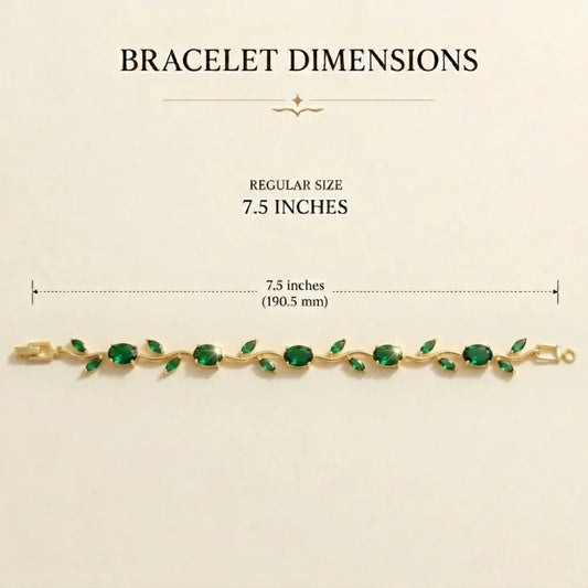 Premium Green Tulip Bracelet | Rapunzel Floral Stainless Steel Bracelet - Premium Green Tulip Bracelet | Rapunzel Floral Stainless Steel BraceletJewelryGlow With NazGlow With NazTB003AA gold bracelet with green gemstone accents displayed on a light beige background, with text above reading 'BRACELET DIMENSIONS' and 'REGULAR SIZE 7.5 INCHES' plus a dimension line showing 7. Tulip Rapunzel bracelet, floral tulip bracelet, Rapunzel inspired jewelry, aesthetic tulip bracelet, trendy charm bracelet,