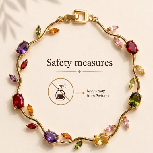 Premium Multi Color Tulip Bracelet | Rapunzel Floral Stainless Steel Bracelet - Premium Multi Color Tulip Bracelet | Rapunzel Floral Stainless Steel BraceletJewelryGlow With NazGlow With NazBracelet with colorful gemstones and safety measure warning on a beige background