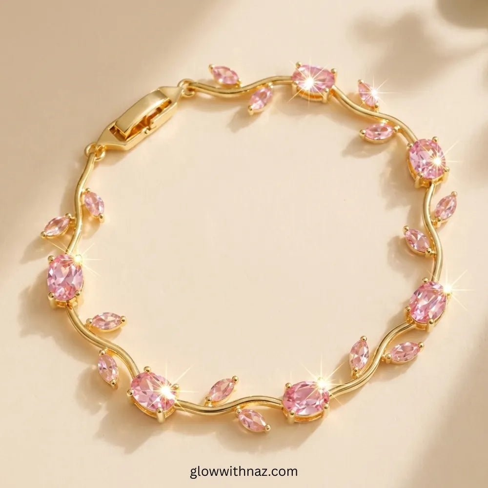 Premium Pink Tulip Bracelet | Rapunzel Floral Stainless Steel Bracelet - Premium Pink Tulip Bracelet | Rapunzel Floral Stainless Steel BraceletJewelryGlow With NazGlow With NazTB005AGold bracelet with pink gemstones on a beige background Tulip Rapunzel bracelet, floral tulip bracelet, Rapunzel inspired jewelry, aesthetic tulip bracelet, trendy charm bracelet, stainless steel tulip bracelet, gold plated flower bracelet, delicate floral wrist accessory, cute aesthetic jewelry, viral tulip bracelet