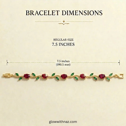 Premium Red & Green Tulip Bracelet | Rapunzel Floral Stainless Steel Bracelet - Premium Red & Green Tulip Bracelet | Rapunzel Floral Stainless Steel BraceletJewelryGlow With NazGlow With NazBracelet dimensions showing 7.5 inches with a gold bracelet featuring red and green stones on a beige background. Tulip Rapunzel bracelet, floral tulip bracelet, Rapunzel inspired jewelry, aesthetic tulip bracelet, trendy charm bracelet, stainless steel tulip bracelet, gold plated flower bracelet, delicate fl