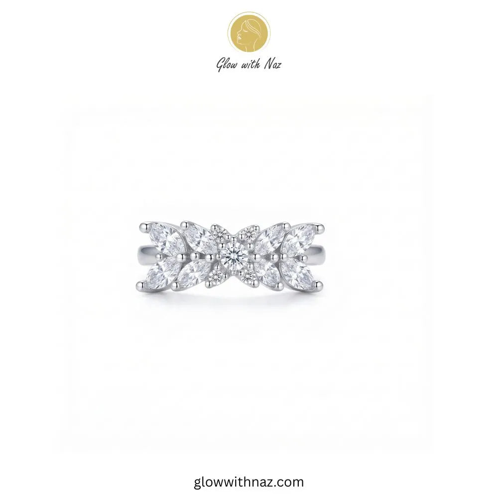 Silver marquise crystal adjustable cross ring with clear stones top view by Glow With Naz