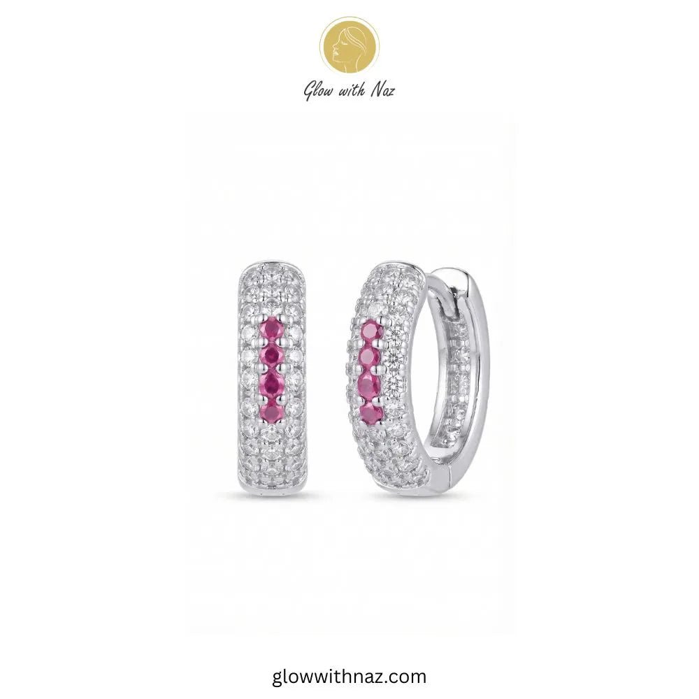 Silver Multi-Row Pavé Zircon Huggie Hoop Earrings - #Silver Multi-Row Pavé Zircon Huggie Hoop EarringsJewelryGlow With NazGlow With NazPinkSilver multi row pave zircon huggie hoop earrings featuring 4 pink center accent stones by Glow With Naz#
