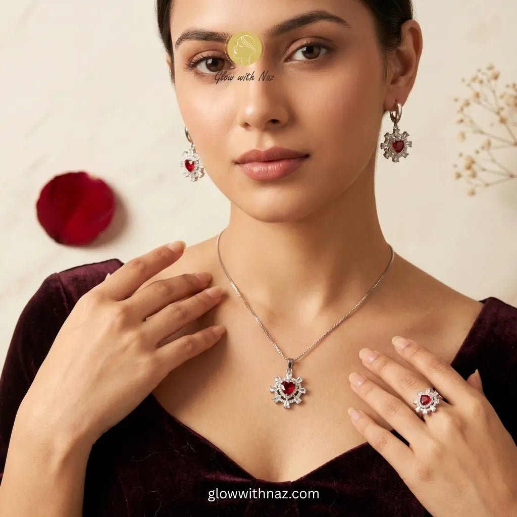 Silver Ruby Red Heart Jewelry Set - Silver Ruby Red Heart Jewelry SetJewelryGlow With NazGlow With NazN-N027N-N027 Silver Ruby Red Heart Pendant, Earrings & Ring 3 - Piece Jewelry Set in Pakistan – Anti - Tarnish Pure Stainless Steel | Glow with Naz
