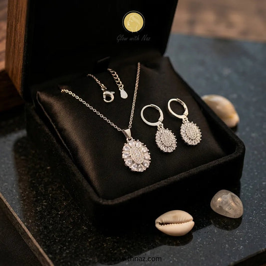 Silver Zircon Necklace & Hoop Earrings Set - Silver Zircon Necklace & Hoop Earrings SetJewelryGlow With NazGlow With NazN-N013N-N013Silver Zircon Necklace & Hoop Earrings Set