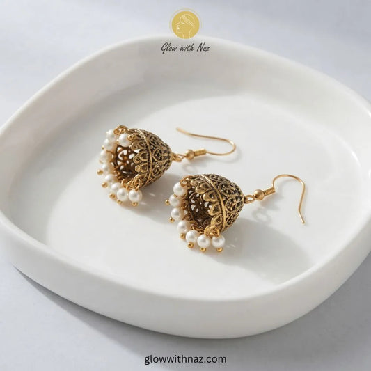 small-antique-gold-white-pearl-jhumka-earrings