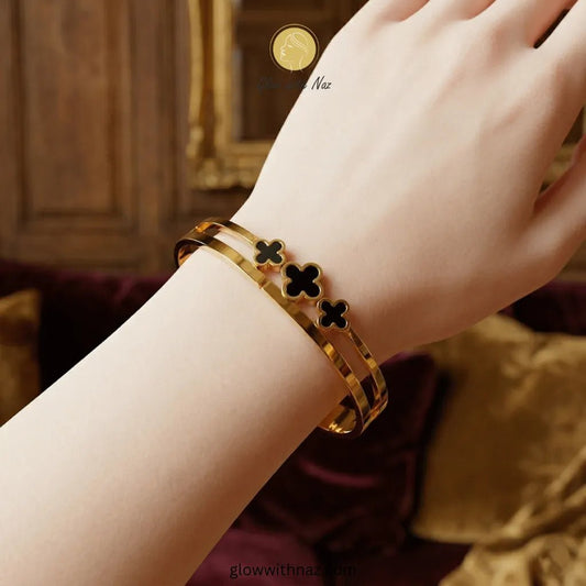 Stainless Steel 3 Black Clover Gold Plated Hand Cuff Bracelet - Stainless Steel 3 Black Clover Gold Plated Hand Cuff BraceletJewelryGlow with NazGlow With NazN-B004N-B004Stainless Steel 3 Black Clover Gold Plated Hand Cuff Bracelet